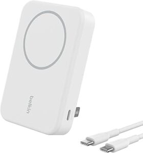 Belkin Portable Charger, Power Bank 10,000mAh w/ Qi2, Portable iPhone Charger - MagSafe Compatible w/Built-in Pop-up Kickstand for iPhone 16, 15, 14, 13, Plus, Pro, Pro Max, and More - White