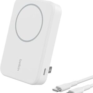 Belkin Portable Charger, Power Bank 10,000mAh w/ Qi2, Portable iPhone Charger - MagSafe Compatible w/Built-in Pop-up Kickstand for iPhone 16, 15, 14, 13, Plus, Pro, Pro Max, and More - White