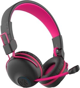 JLab JBuddies Play Gaming Wireless Kids Headset, Pink, 22+ Hour Bluetooth 5 Playtime 60ms Super-Low Latency for Mobile Gameplay, Retractable Boom Mic, AUX Cord Compatible w/Gaming Consoles