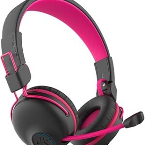 JLab JBuddies Play Gaming Wireless Kids Headset, Pink, 22+ Hour Bluetooth 5 Playtime 60ms Super-Low Latency for Mobile Gameplay, Retractable Boom Mic, AUX Cord Compatible w/Gaming Consoles
