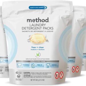 Method Laundry Detergent Packs; Fragrance Free + Clear; Plant-Based Stain Remover that Works in Hot & Cold Water; 42 Packs per Bag; 4 Pack (168 Loads); Packaging May Vary