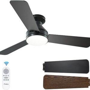 Amico Ceiling Fans with Lights, 42 inch Low Profile Ceiling Fan with Light and Remote Control, Flush Mount, Reversible, 3CCT, Dimmable, Noiseless, Black Ceiling Fan for Bedroom, Indoor/Outdoor Use