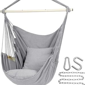 Y- STOP Hammock Chair Hanging Rope Swing Chair, Max 500 Lbs, 2 Seat Cushions Included, Removable Steel Spreader Bar with Anti-Slip Rings, Hardware kit-for Indoor or Outdoor(Light Grey)