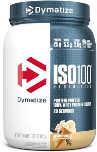 Dymatize ISO100 Whey Protein Powder Isolate, Gourmet Vanilla, 25g of Protein, 20 Servings, 5.5g BCAAs, Less Than 120 Cal., Gluten Free, 1g Fat, 1g Sugar, 2g Carb