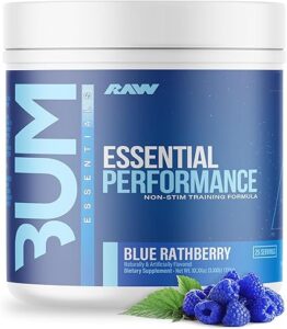 RAW Essential Performance Non-Stim Pre-Workout Powder - Preworkout for Endurance Strength & Focus Without Caffeine or Stimulants - Creatine Monohydrate, L-Citrulline & Beta Alanine - Blue Rathberry