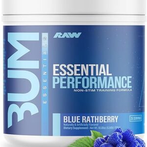RAW Essential Performance Non-Stim Pre-Workout Powder - Preworkout for Endurance Strength & Focus Without Caffeine or Stimulants - Creatine Monohydrate, L-Citrulline & Beta Alanine - Blue Rathberry