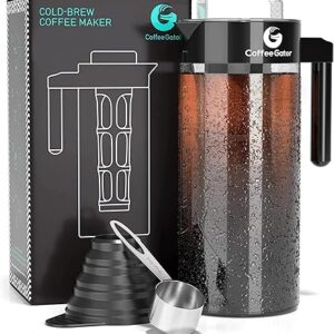 Coffee Gator Cold Brew Coffee Maker - 47 oz Iced Tea and Cold Brew Maker and Pitcher w/Glass Carafe, Filter, Funnel & Measuring Scoop - Black