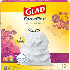 Glad Trash & Food Storage ForceFlex Protection Series Tall Trash Bags, 13 Gal, Gain Moonlight Breeze with Febreze, 110 Ct (Package May Vary), White (79261)