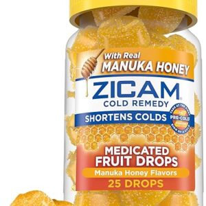 Zicam Cold Remedy Zinc Medicated Fruit Drops, Manuka Honey Flavor, Homeopathic, Cold Shortening Medicine, Shortens Cold Duration, 25 Count