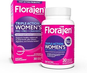 Florajen Women’s Triple Action Probiotic – Prebiotic + Probiotic + Cranberry for Vaginal, Digestive & Immune Support – Fast-Acting, Clinically Studied, Gluten-Free & Vegan, (30 Count)