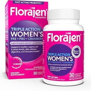 Florajen Women’s Triple Action Probiotic – Prebiotic + Probiotic + Cranberry for Vaginal, Digestive & Immune Support – Fast-Acting, Clinically Studied, Gluten-Free & Vegan, (30 Count)
